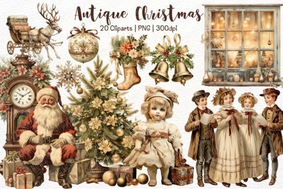 Antique Christmas Watercolor Clipart Set: Illustrations