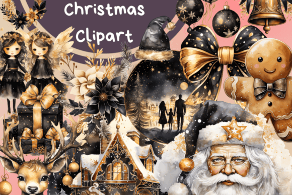 Black Gold Christmas Sublimation Clipart: Premium Illustrations