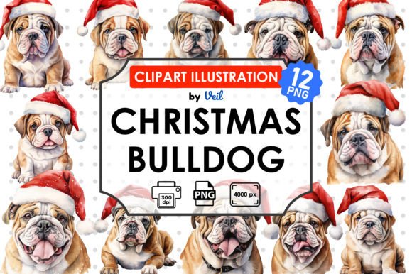 Christmas Bulldog Clipart Sublimation: Festive Illustrations