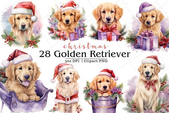 Christmas Golden Retriever Dog Clipart Illustrations
