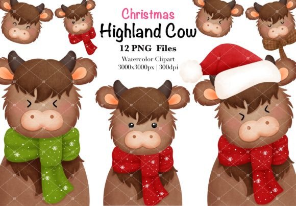 Christmas Highland Cow Clipart: Festive Illustrations