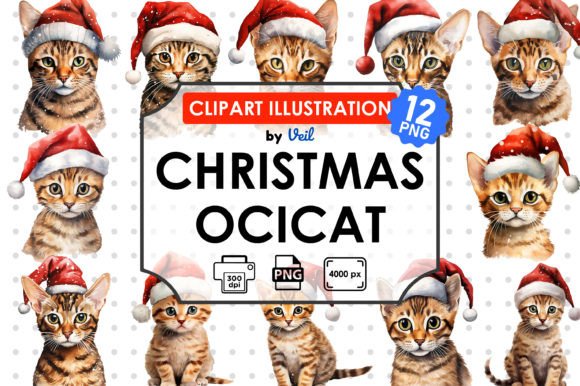 Christmas Ocicat Clipart Bundle: Festive Illustrations