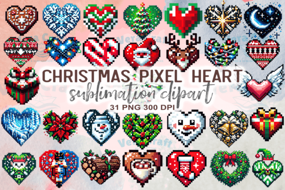 Christmas Pixel Heart Clipart: Branding & Illustrations