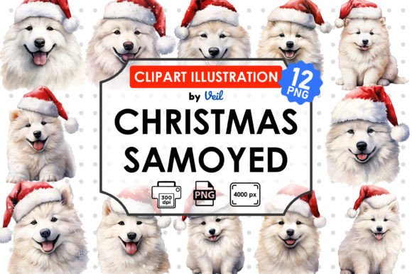 Christmas Samoyed Clipart Sublimation & Illustrations