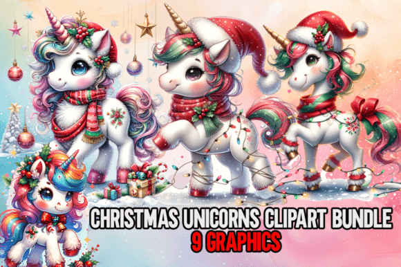 Christmas Unicorns Clipart Bundle: Festive Illustrations