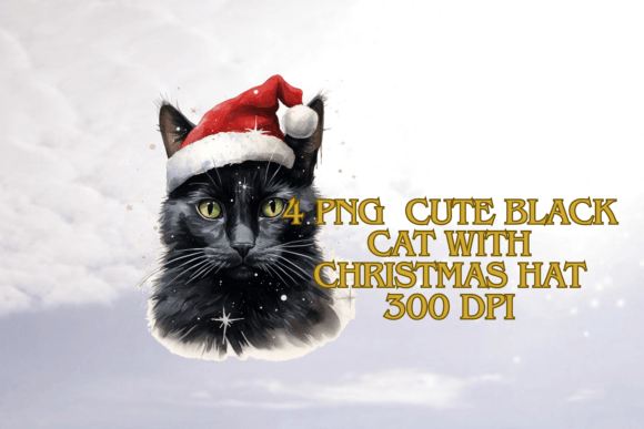 Cute Black Cat with Christmas Hat Illustrations