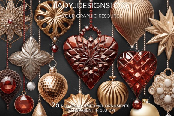 Red Gold Christmas Ornaments Clipart: Premium Illustrations